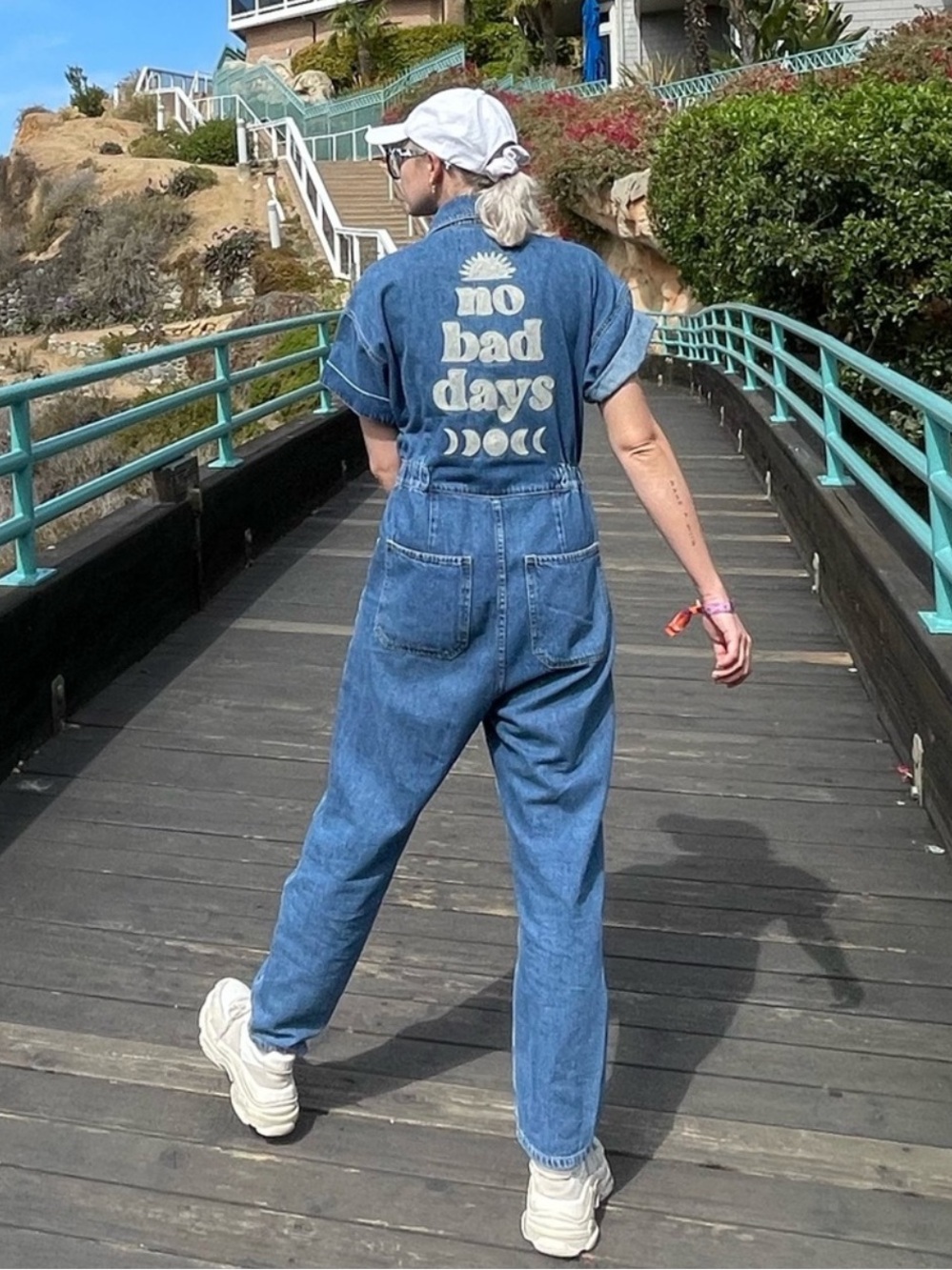 We The Free People Women's Coverall Denim Embroidered “no bad days” Jumpsuit